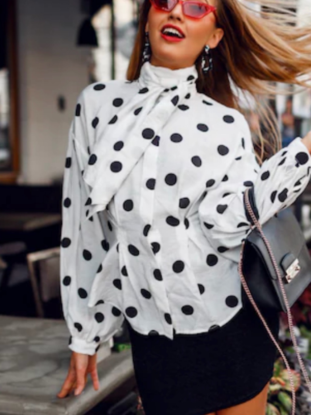 Polka Dot Tie-Neck Blouse White With Black Dots 0434